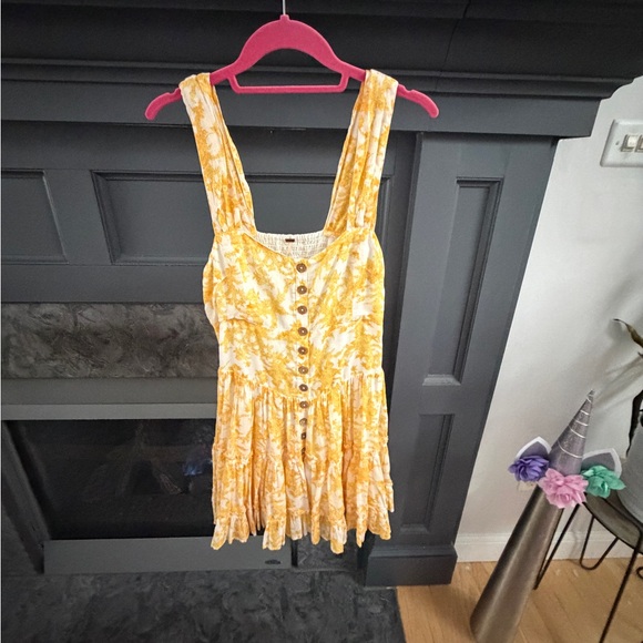 Free People Dance On The Blacktop Yellow Floral Print Tiered Ruffle Mini Dress - Picture 15 of 15